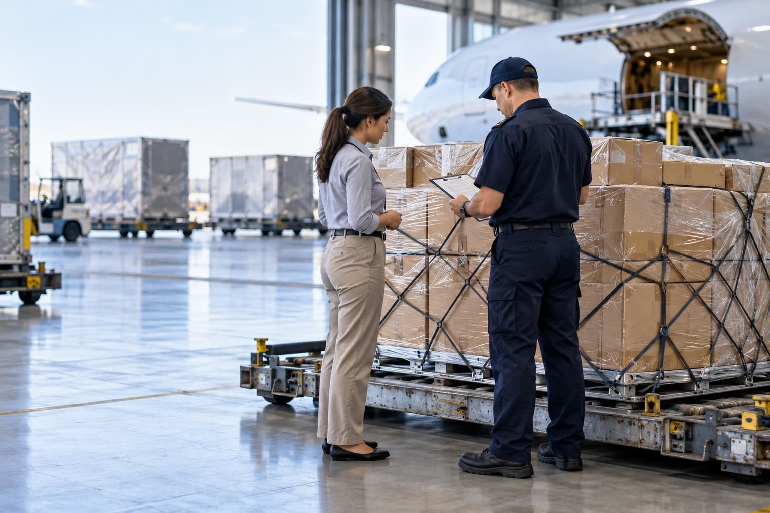 Import cargo inspection beside an air-freight pallet